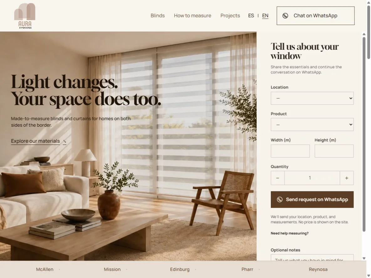 Aura Interiores quote form showing location, product, width, height, and quantity fields.