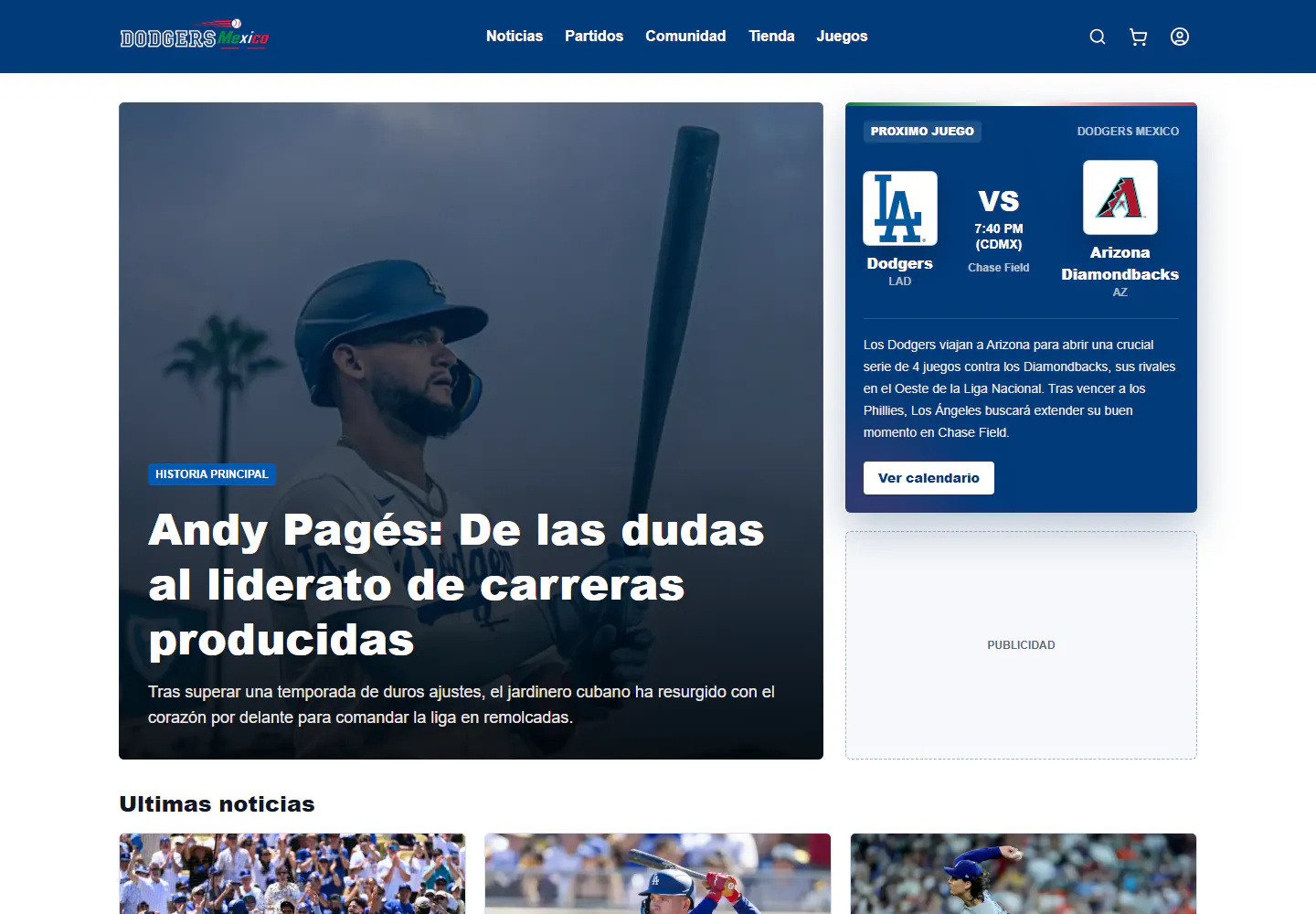 Dodgers México homepage showing an Andy Pagés story and the upcoming Dodgers game.
