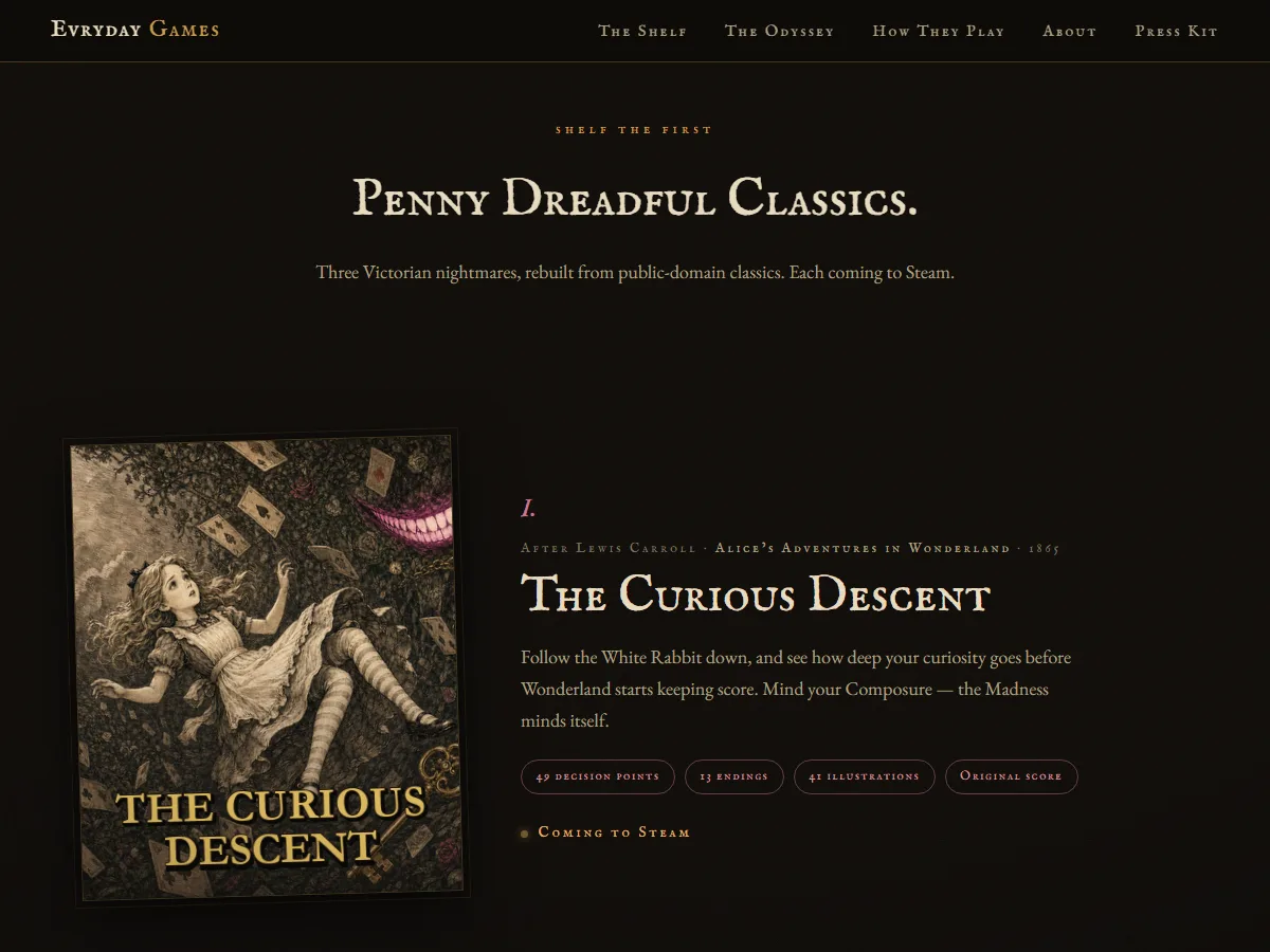 Evryday Games bookshelf showing The Curious Descent illustrated cover and story description.