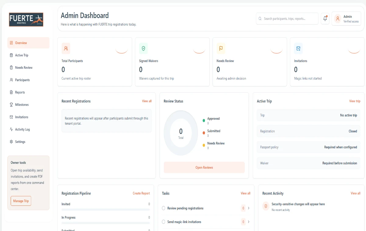 Fuerte Portal admin dashboard preview with an empty trip roster, registration pipeline, review status, and navigation for participants and reports.